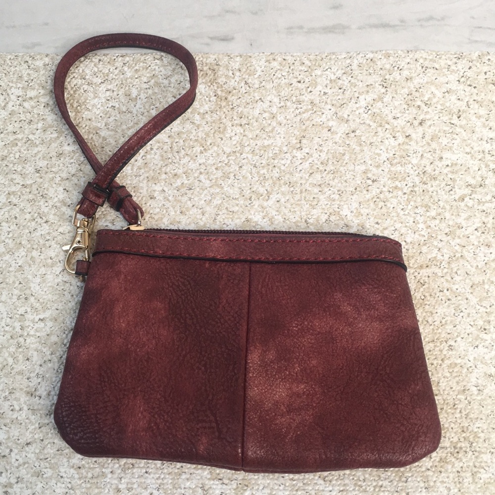 Wilsons Leather Maroon Burgundy Distressed Wristlet Wallet Gold Fleck